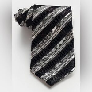 NEW MENS HANDMADE SILK TIE BLACK & SILVER FANCY DIAGONAL STRIPE PATTERN